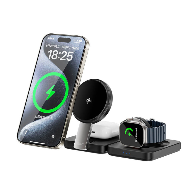 Station de Charge 3-en-1 – Téléphone, Montre & Écouteurs