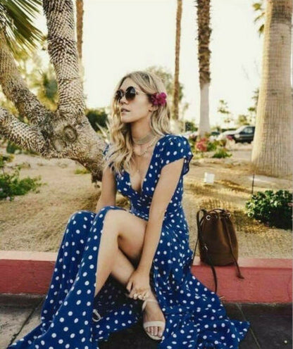 Robe Maxi Col V Imprimé Pois