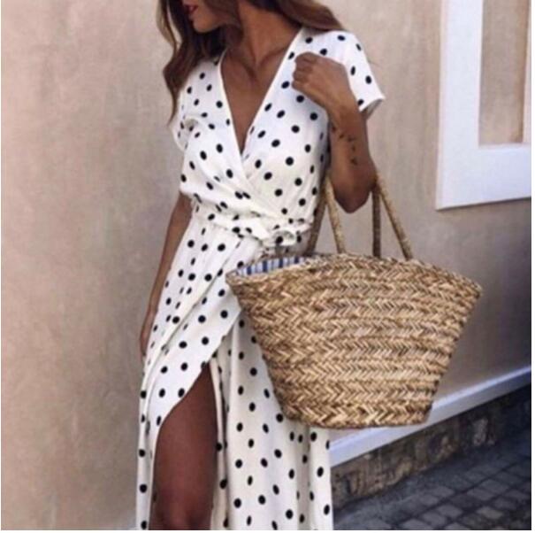 Robe Maxi Col V Imprimé Pois