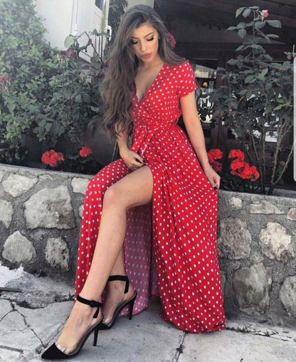 Robe Maxi Col V Imprimé Pois