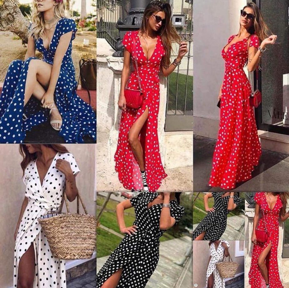 Robe Maxi Col V Imprimé Pois
