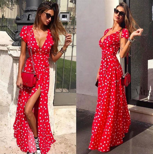 Robe Maxi Col V Imprimé Pois